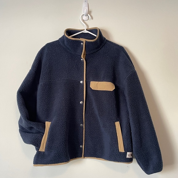 THE NORTH FACE Cragmont Sherpa Fleece Jacket XL Blue Tan Trim Snap Teddy Coat - Picture 2 of 13